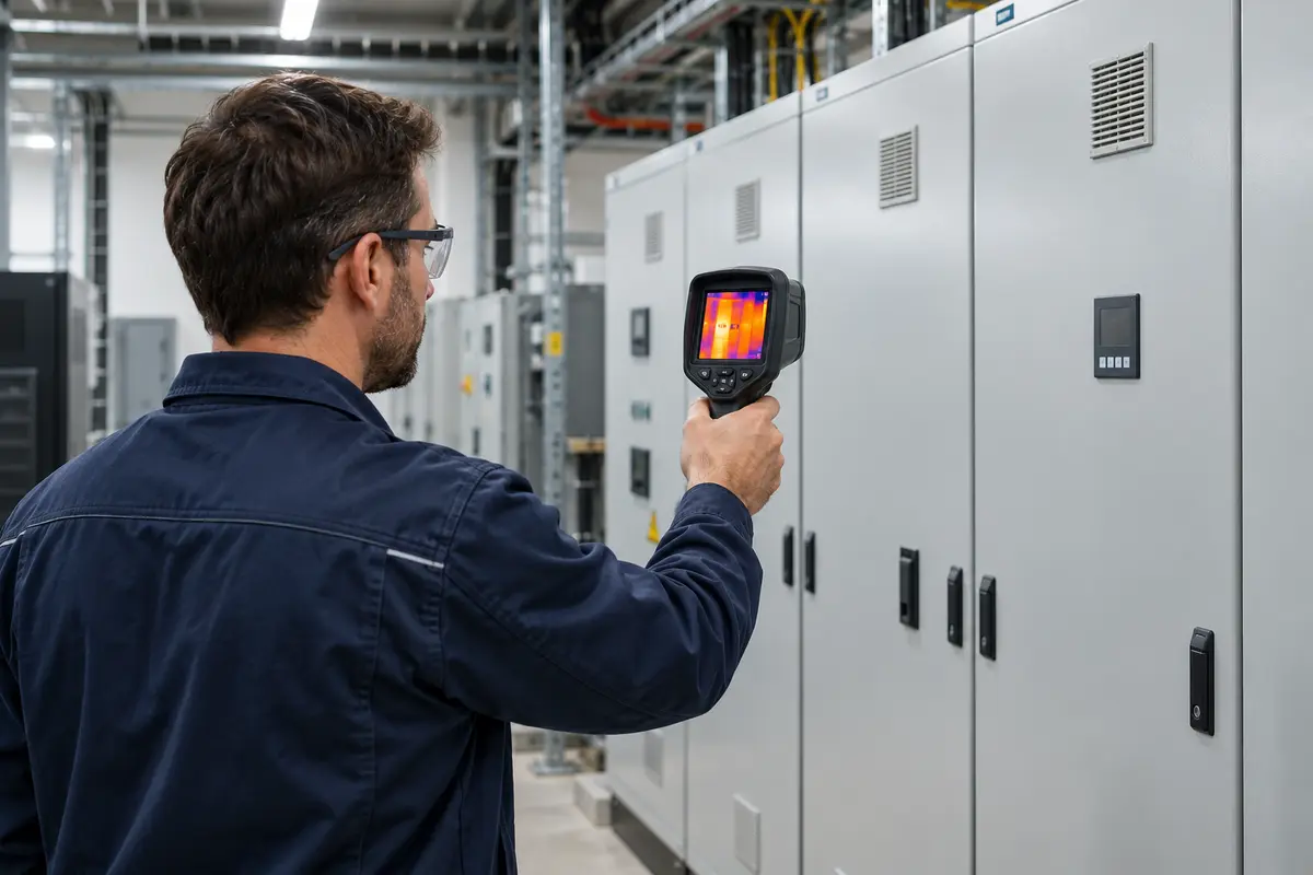 Tecnico con termocamera durante una verifica di manutenzione