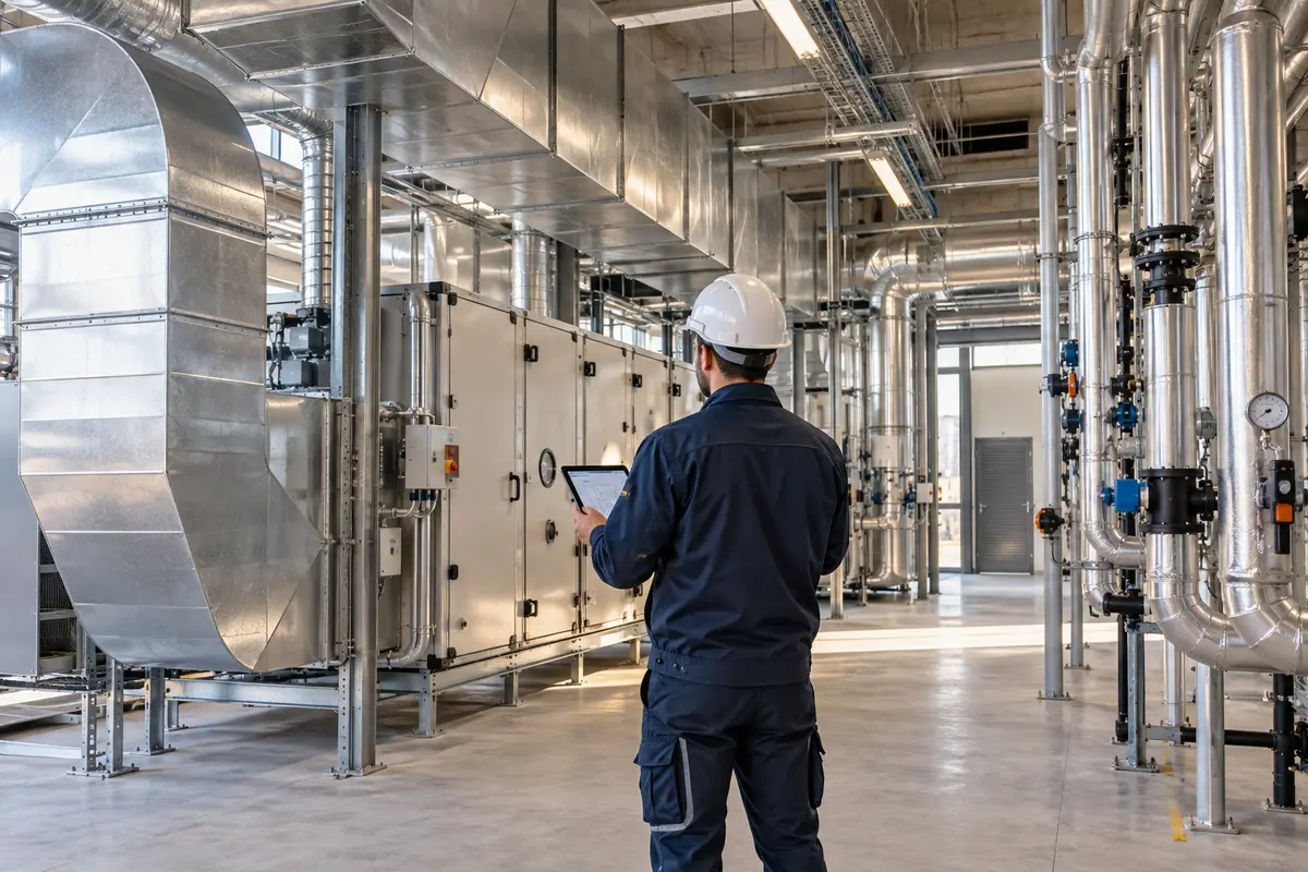 Tecnico durante il controllo di un impianto industriale di ventilazione