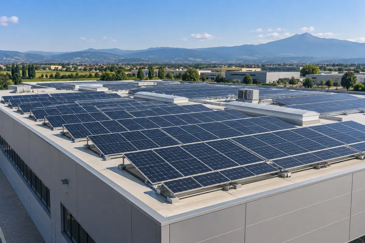 Pannelli fotovoltaici sulla copertura di un edificio industriale