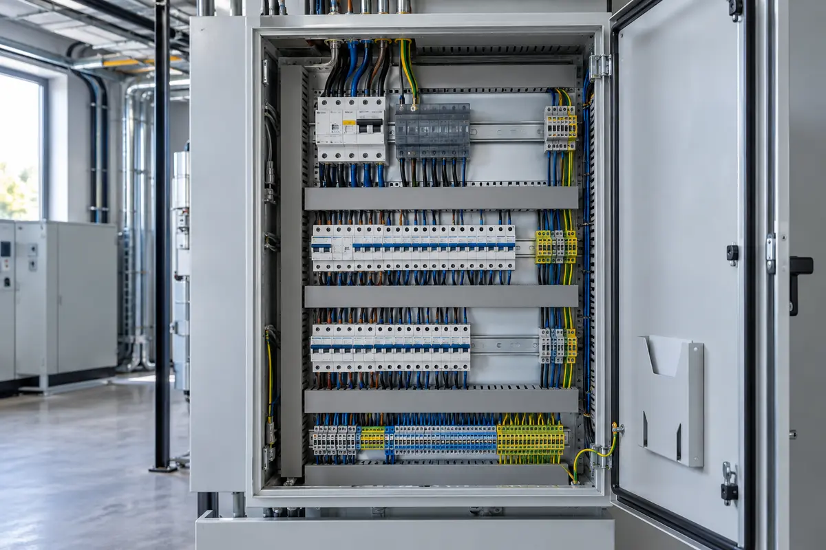 Quadro elettrico industriale con interruttori e cablaggi ordinati
