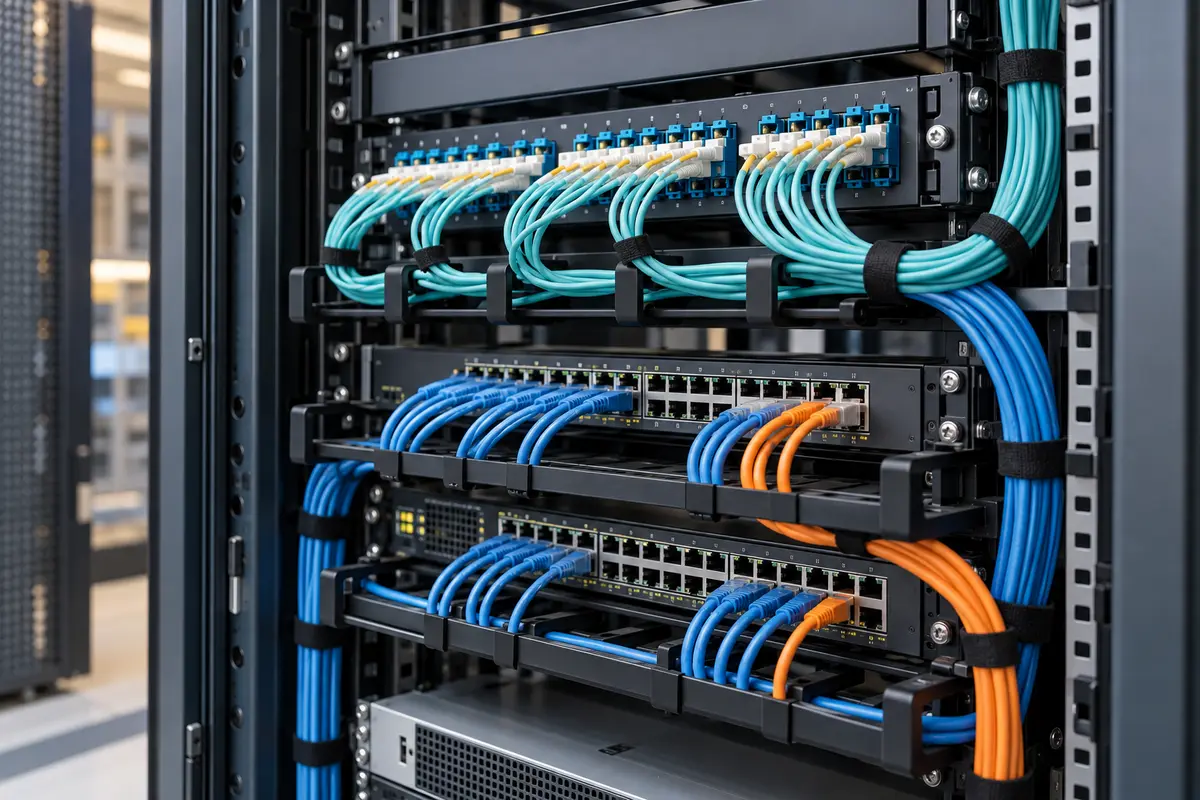Rack con connessioni in fibra ottica e cablaggio di rete