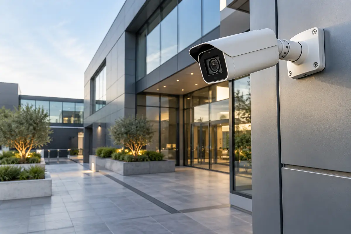 Telecamera di sicurezza installata presso un edificio commerciale